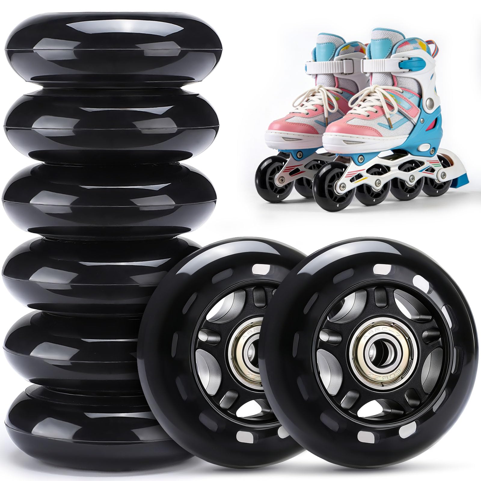 TOBWOLF Lot de 8 roues de patins à roulettes de rechange avec roulements ABEC 7, noir 70 mm/76 mm, dureté 82A/84A, unisexe