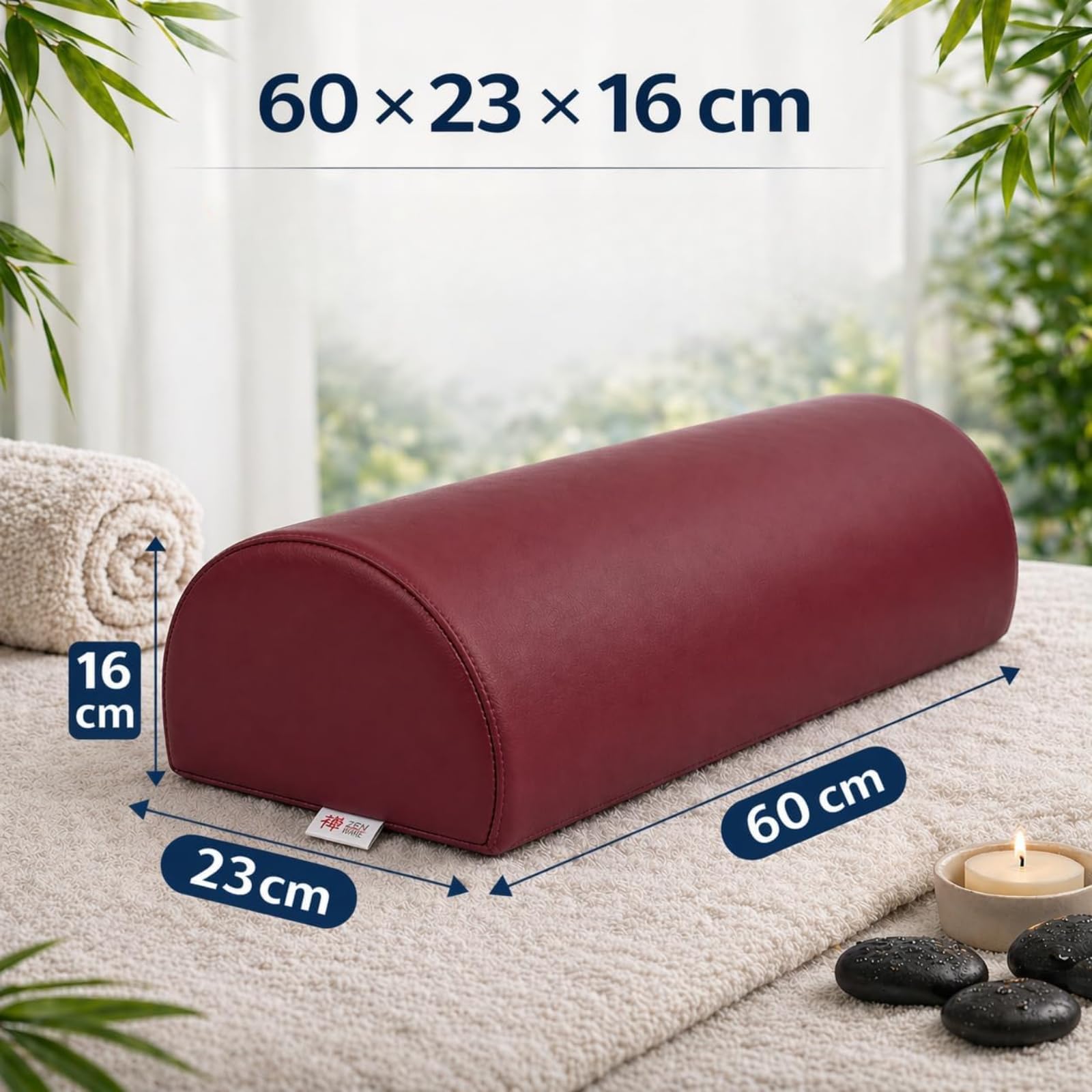 Zen – Medio Rodillo Pilates de camillas de Masaje y Fisioterapia 60x23x16 cm - Medio Rodillo Espuma de posicionamiento para Cuello y Rodillas - Medio Rodillo Yoga de Cuero de imitación PU Borgoña