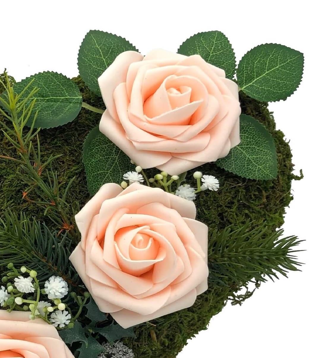 Grabgesteck Grabschmuck Grabaufleger Moosherz Grabherz Trauerherz Grab Herz Gesteck Rosen mit Kreuz (Rosen Rosa)
