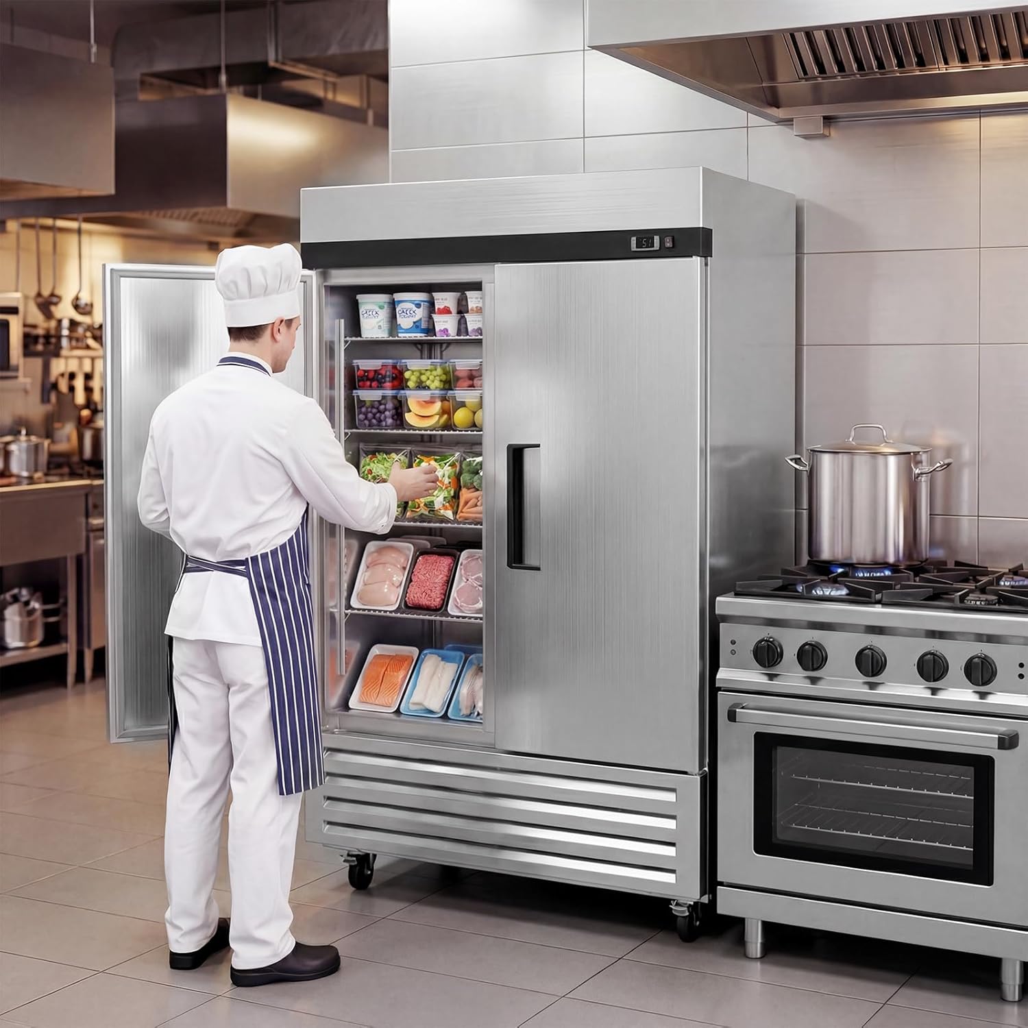 ROVSUN 54" W Commercial Refrigerator Reach in Refrigerator ETL NSF Certified, 49 Cu.Ft Commercial Fridge Cooler w/ 2 Door Auto Defrosting LED Light Adjustable Shelves for Restaurant Cafe Canteen