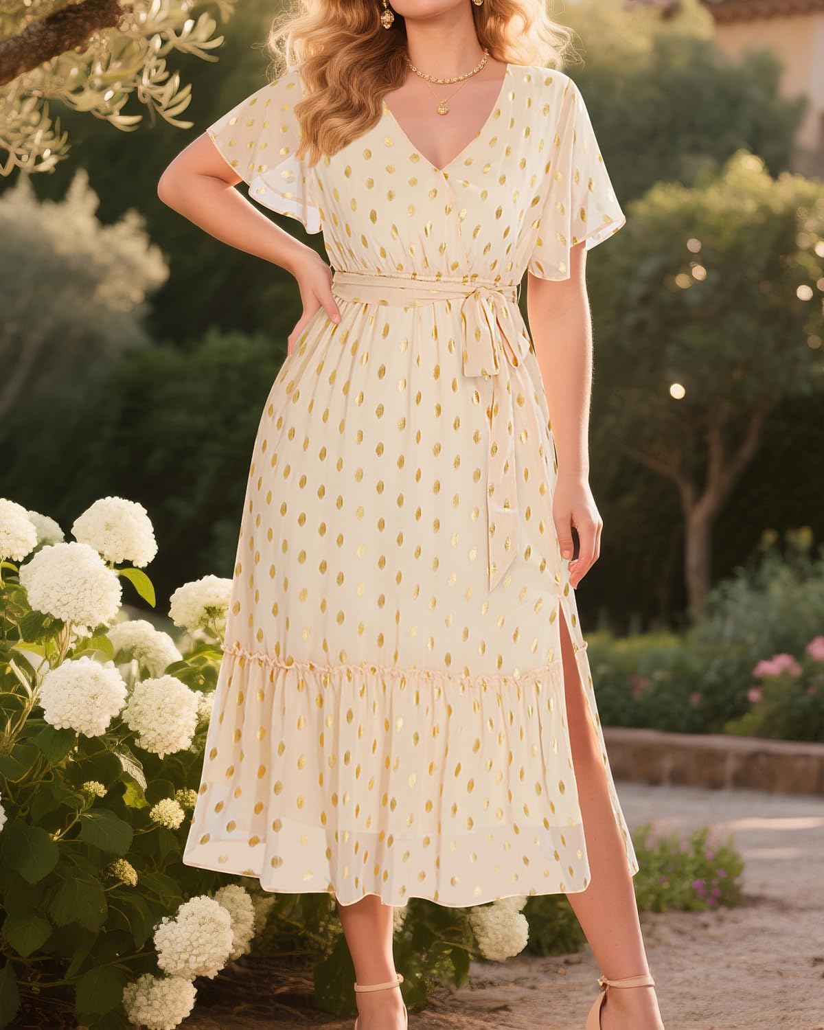 Women's Plus Size Dress for Wedding Guest - Semi Formal Cocktail Holiday Gold Dot Midi Dresses - Image 2