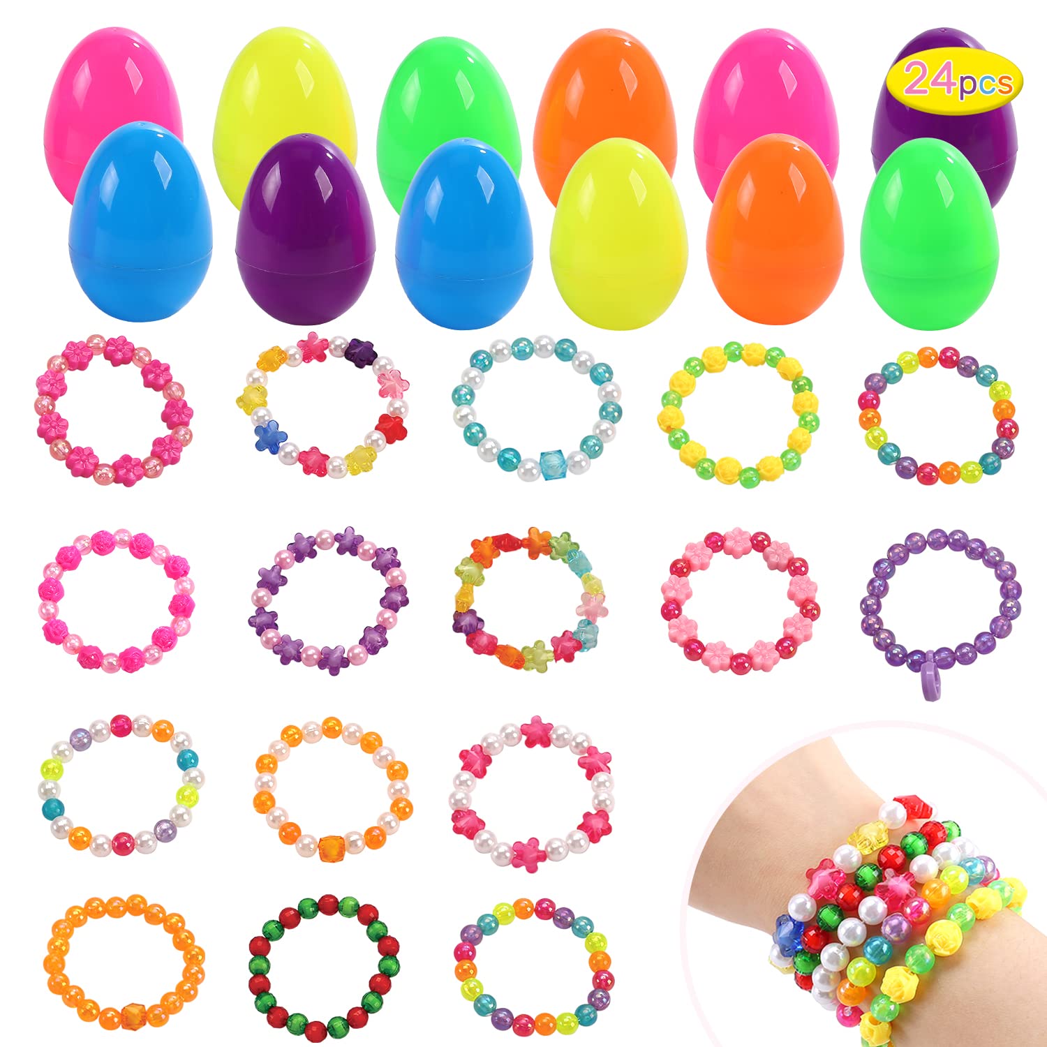 CUTE STONE24 Pack Filled Easter Eggs with Beads Bracelets Inside, Easter Basket Stuffers Easter Toys Party Favors for Toddler, Girls and Kids