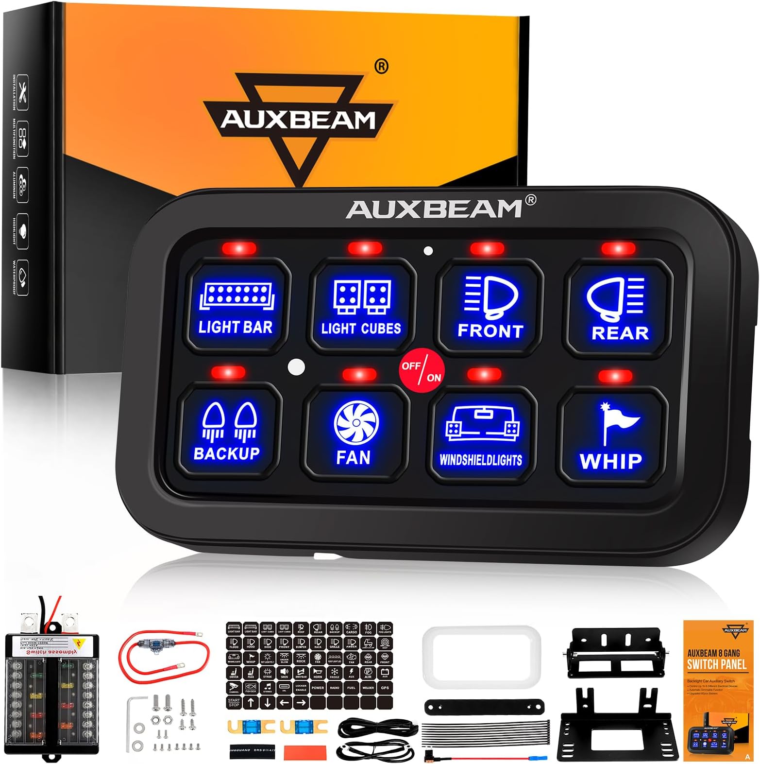 Auxbeam 8 Gang Switch Panel BB80, Universal Circuit Control Relay System Box with Automatic Dimmable On-Off LED Switch Pod Touch Switch Box for Car Pickup Truck Boat ATV UTV, Blue 2 Years Warranty