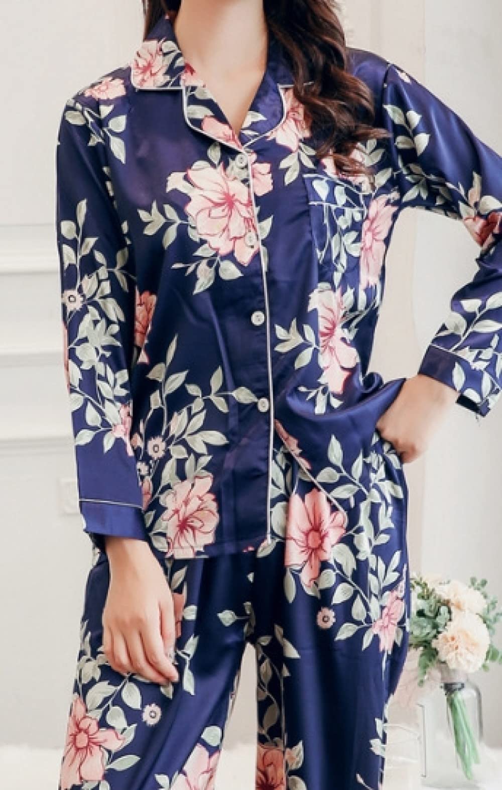 Ensembles De Pyjama Femme,Ensemble De Pyjama en Polyester pour Femmes Imprimé De Fleurs À Revers Bleu Vert Pyjama À Manches Longues Régulier pour Femmes Deux Pièces Ensemble Cadeau De Festival