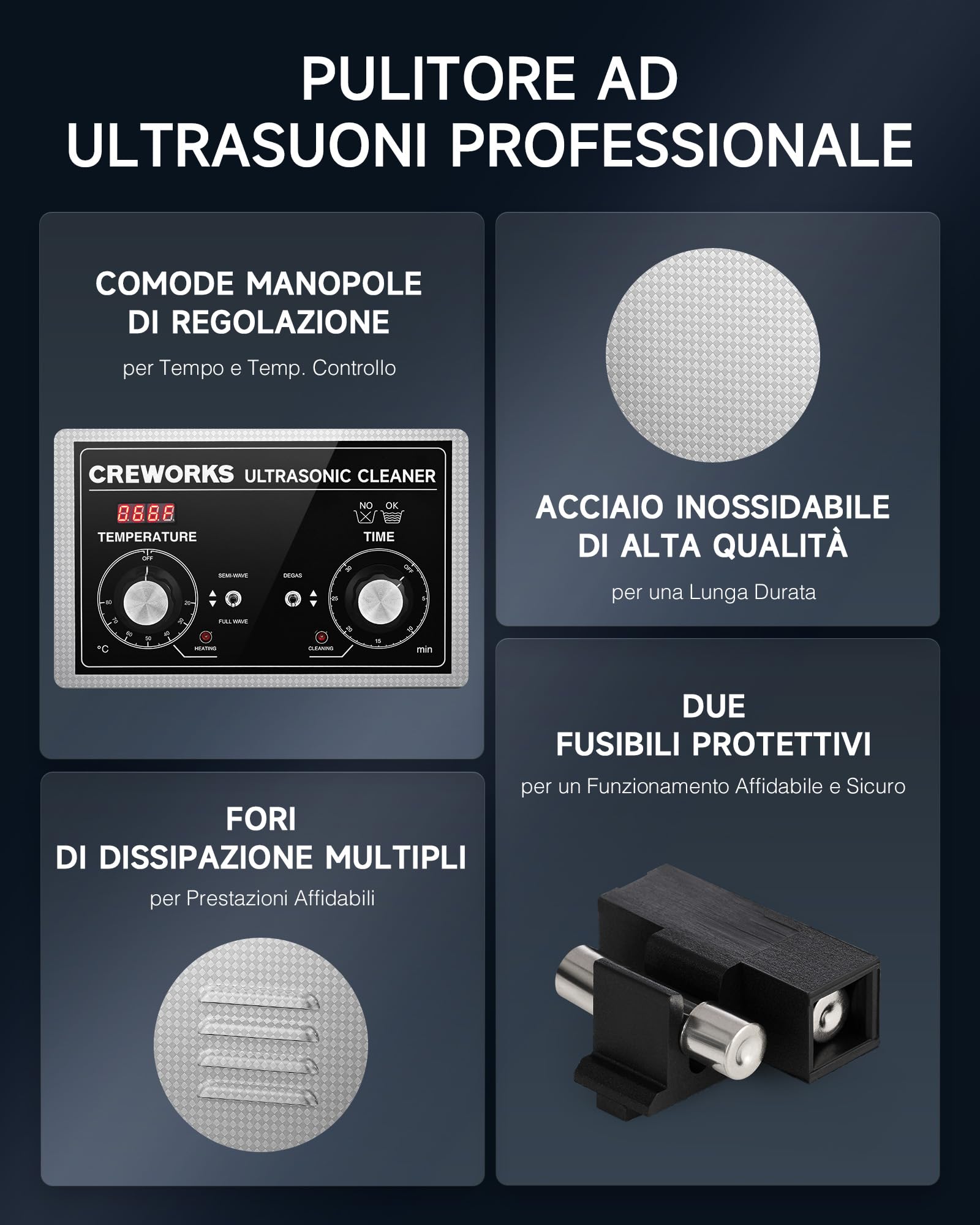 CREWORKS 10L Pulitore Ultrasuoni con 300W Riscaldatore e Timer 240W Vasca Ultrasuoni in Acciaio Inossidabile con Modalità Degas e Delicata Lavatrice Ultrasuoni per Laboratorio Utensili e Ricambi Auto