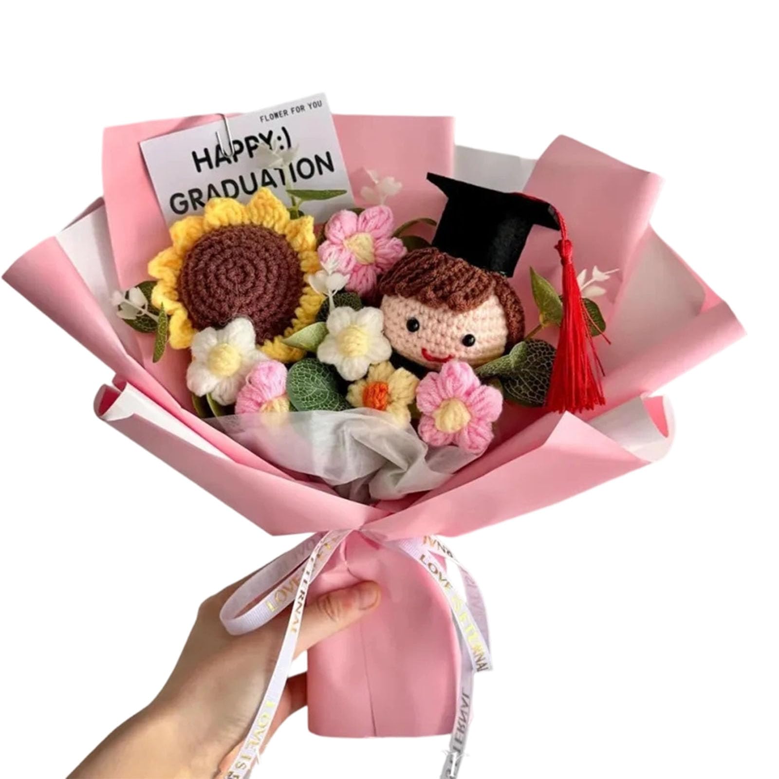 ZEPFJHE Unique Cotton Crochet Graduation Bouquet with Lovely Doll Perfect Hand-woven Flower Birthday Gift Doll Gift