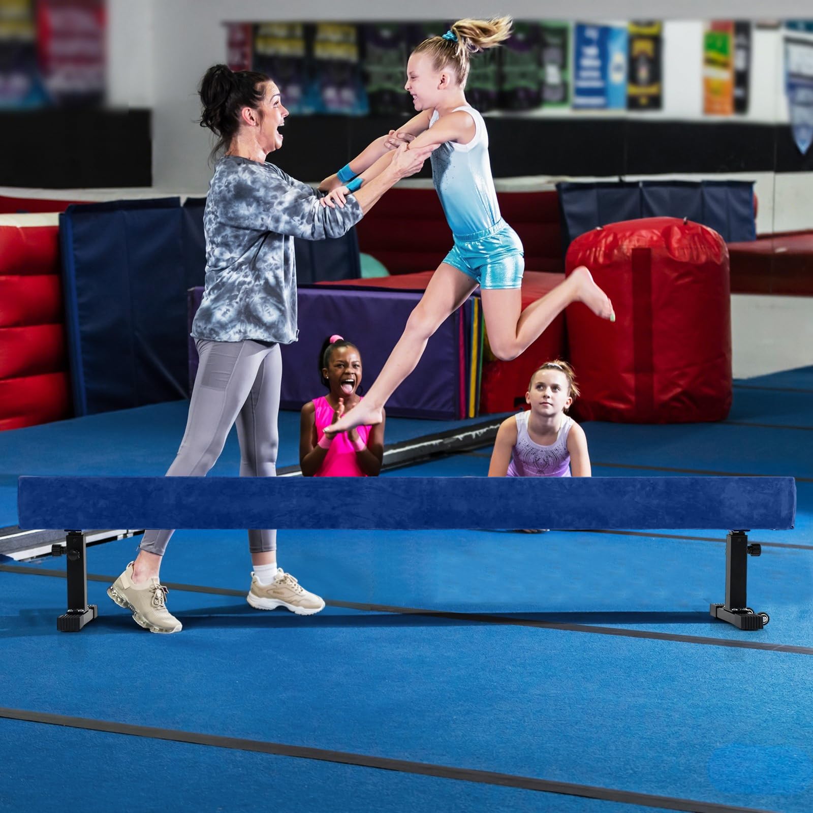 COSTWAY Poutre de Gymnastique de 226 cm, Barre de Gymnastique Hauteur Réglable à 3 Niveaux avec Pieds et Roues en Métal, Équipement d'Entraînement à Domicile pour Enfants Gymnastes