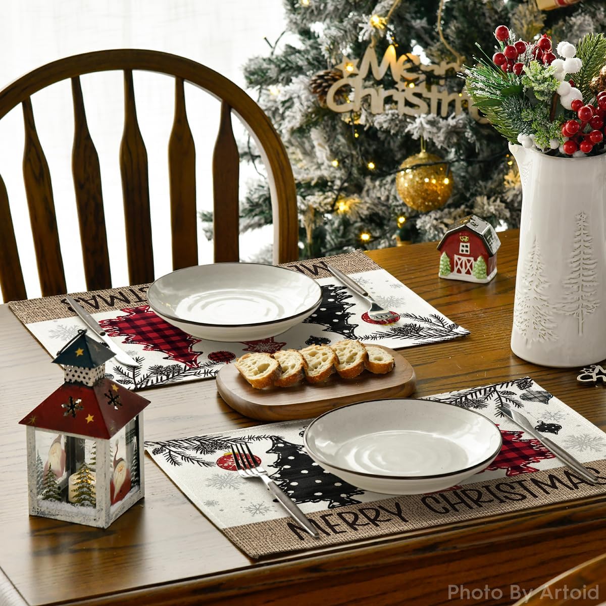 Artoid Mode Red Pine Trees Balls Merry Christmas Placemats Set of 12, 12x18 Inch Winter Xmas Table Mats for Party Kitchen Dining Decoration