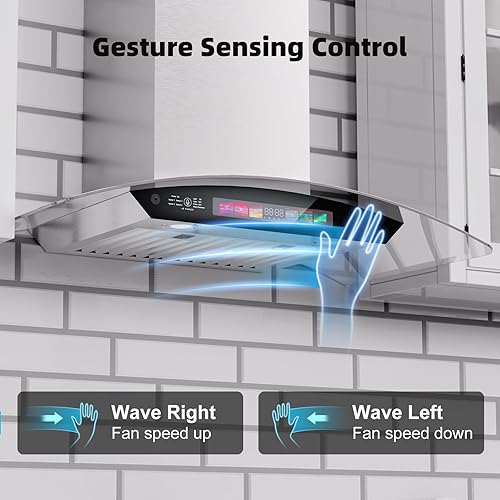 Miniatura 4 de Campana extractora de pared de 30 pulgadas, vidrio templado de 900 CFM, control de vozgestostáctil, ventilación de campana de cocina de acero