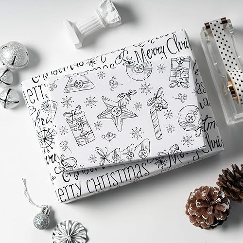 Miniatura 4 de RUSPEPA Papel de regalo de Navidad, blanco y negro clásico con diseños de estilo rojo y verde, 4 rollos de 30 pulgadas x 10 pies por rollo
