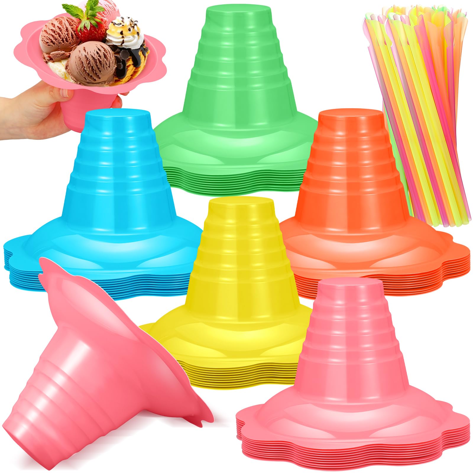 Silkfly 8 oz 50 Pieces Colorful Flower Snow Cone Cups Shaved Ice Bowls with 50 Spoon Straws, Plastic Ice Cream Small Snack Bowls for Kids Summer