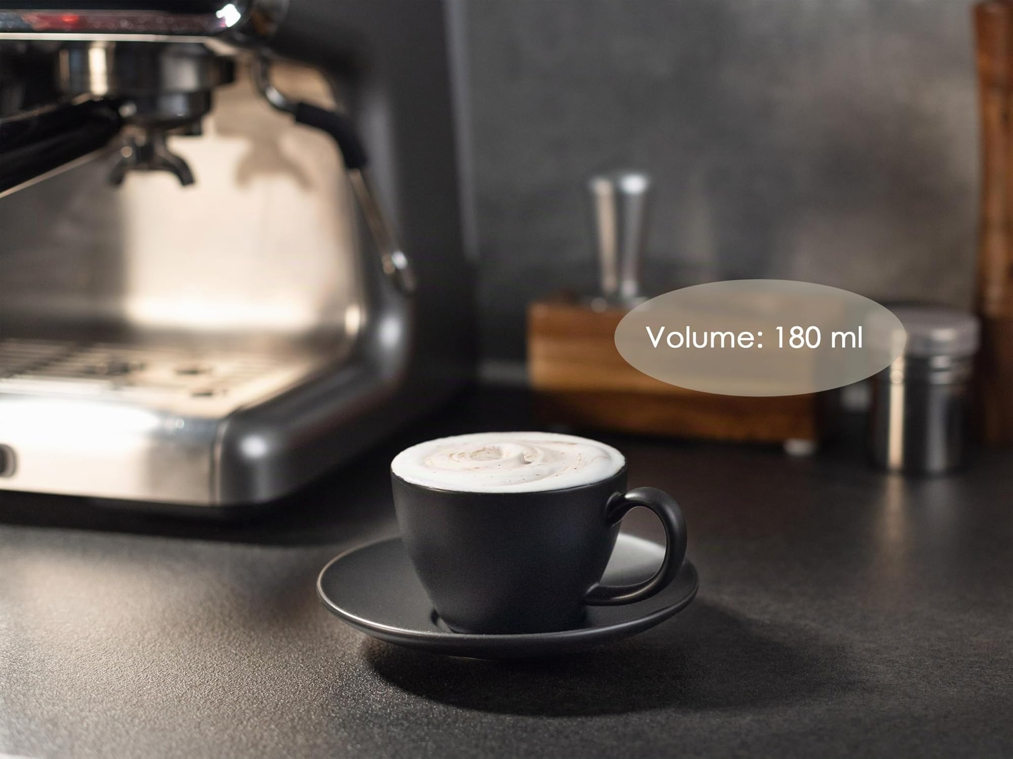 Hanseküche 4 tazze da cappuccino in gres (4x 180 ml) – tazze da caffè con pareti spesse e con piattini, lavabili in lavastoviglie (Nero)