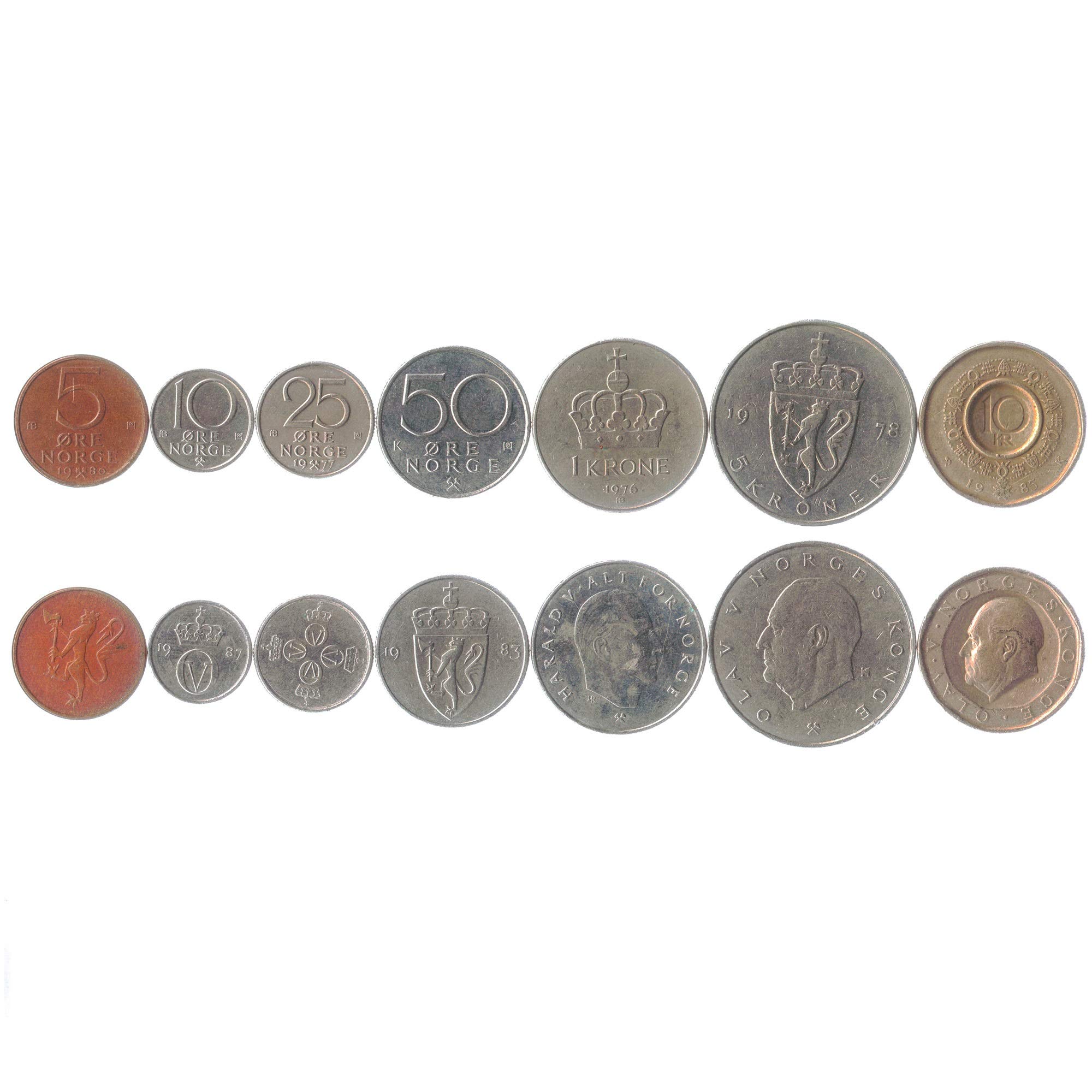 Set of 7 Coins from Norway. 5, 10, 25, 50 ORE, 1, 5, 10 KRONER