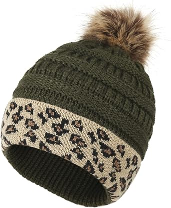 BCDlily Beanie Hat for Women Men Leopard Patchwork Chunky Braided Warm Winter Hat Knit Caps