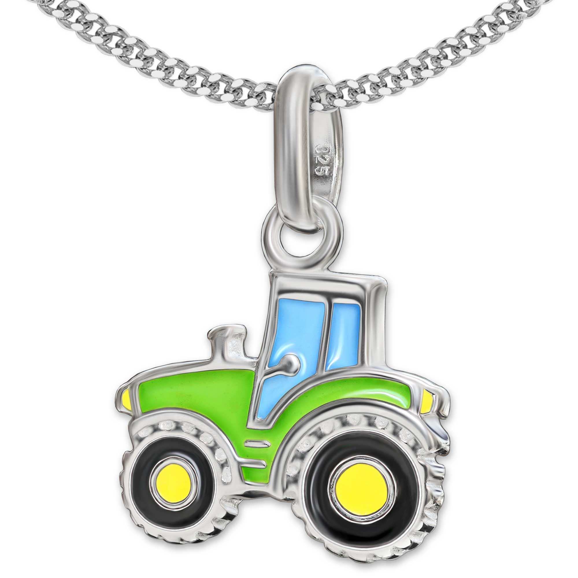 CLEVER SCHMUCK Ensemble pendentif tracteur en argent 925 pour enfant 10 x 11 mm laqué multicolore avec chaîne gourmette de 40 cm en argent sterling 925 dans un étui crème