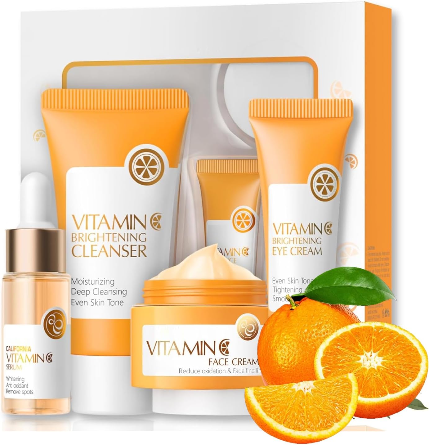 Vitamine C Travel Skincare Set voor tienermeisjes en vrouwen, anti-aging huidverzorgingsset, 4-delig, reisformaat, cadeauset, gezichtsverzorging, routine set met reiniger, serum gezichtscrème