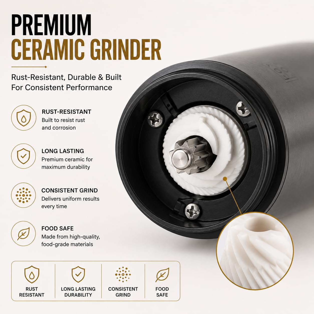 OKAN 591 - Macinino elettrico per sale e pepe, inclinabile a gravità, ricaricabile tramite USB-C, in ceramica regolabile, luce LED, funzionamento con una sola mano, OKAN 591 (100 ml)