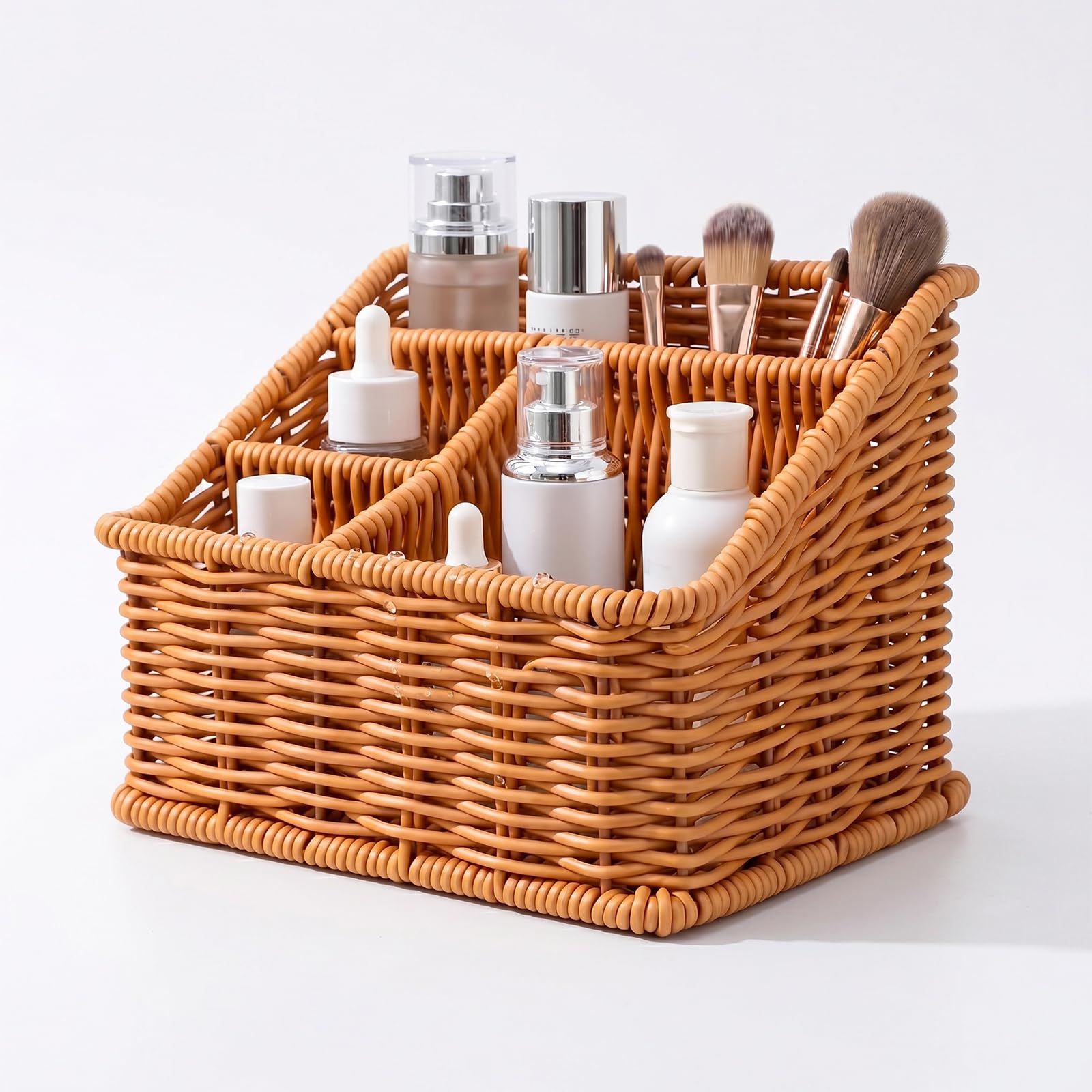 Rfytdcf Brown Handwoven Remote Control Holder, 4 Compartment Faux Rattan Desk Tidy Organiser Tv Remote Holder Storage Caddy Desk Organisation For Table Living Room Bedside Couch