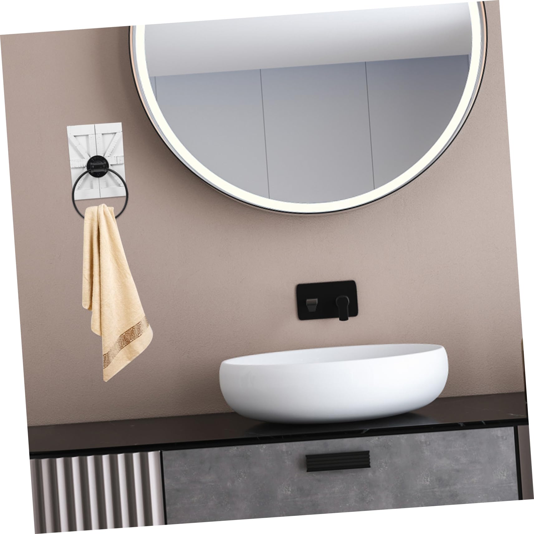 Anello Portasciugamani da Parete Bianco in Ferro con Supporto in Legno | Uso Cucina e Bagno, Montaggio a Muro, Design Europeo Vintage con Finitura Rustica