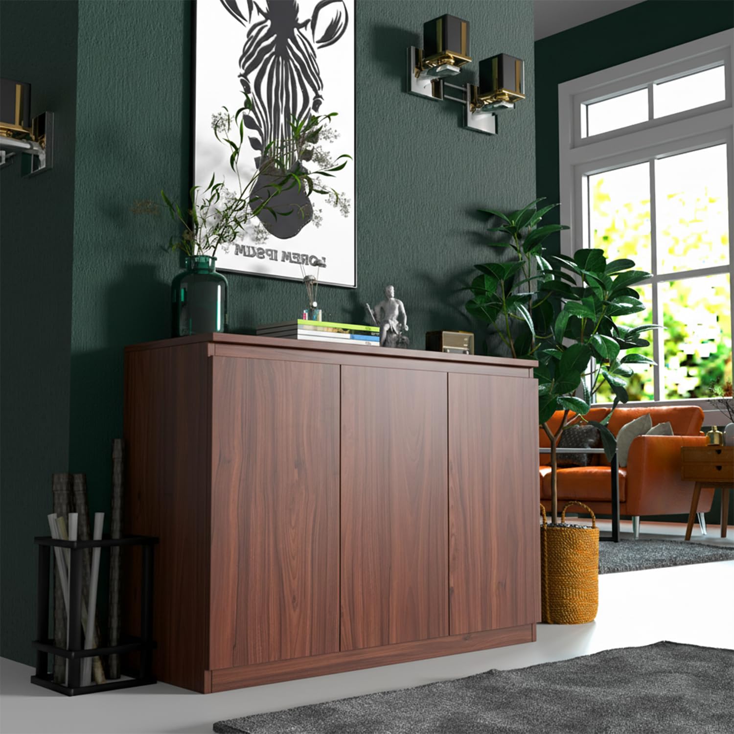 holzart 43 Inch Walnut Brown Buffet Cabinet