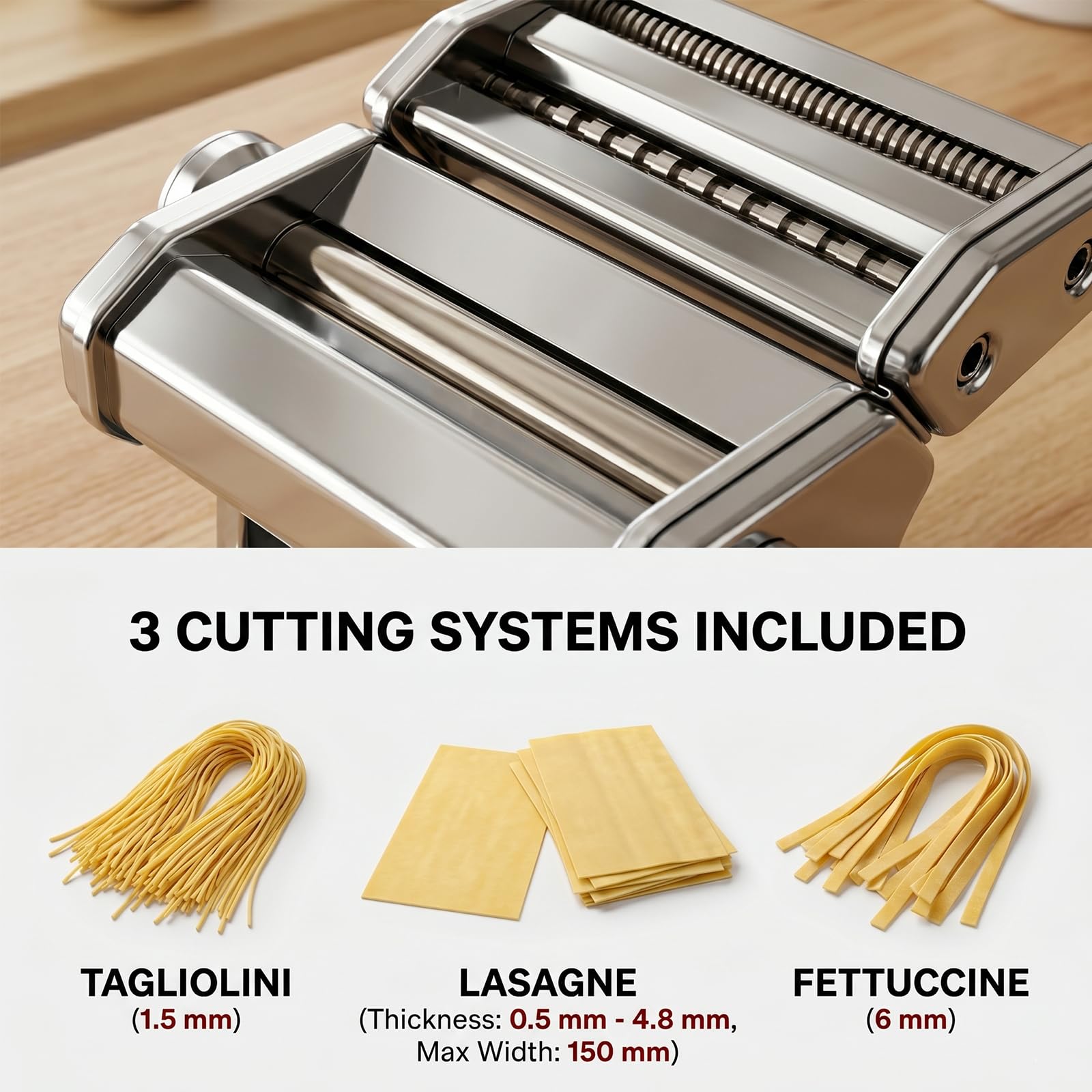 Nudelmaschine Pasta Maker 150 Aluminiumlegierung mit 9 Einstellbaren Stärkeeinstellungen und 2 Schneidern, Nudelmaschine Manuell für Spaghetti, Fettuccini, Lasagne, Geschenk (Silber)