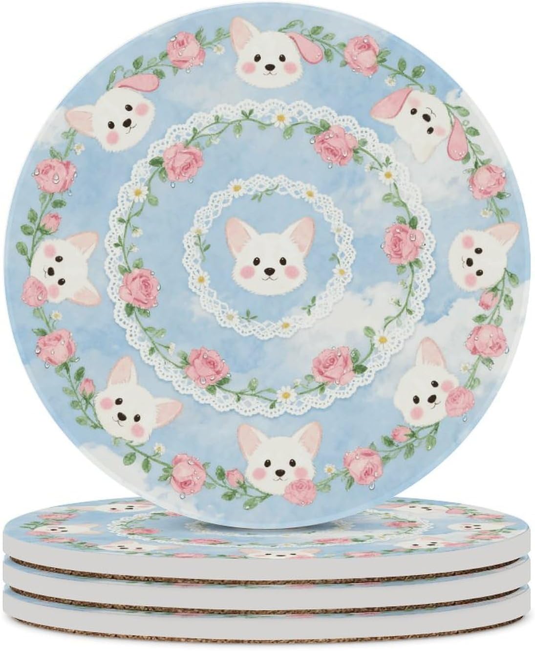 6PCS Corgi Floral Pattern Coasters Non-Slip Round Drink Coasters with Ceramic Stone and Cork Base, Heat Resistant Absorbent 33.00Stone Coaster Set for Kinds of Mugs and Cups, 4 Inch