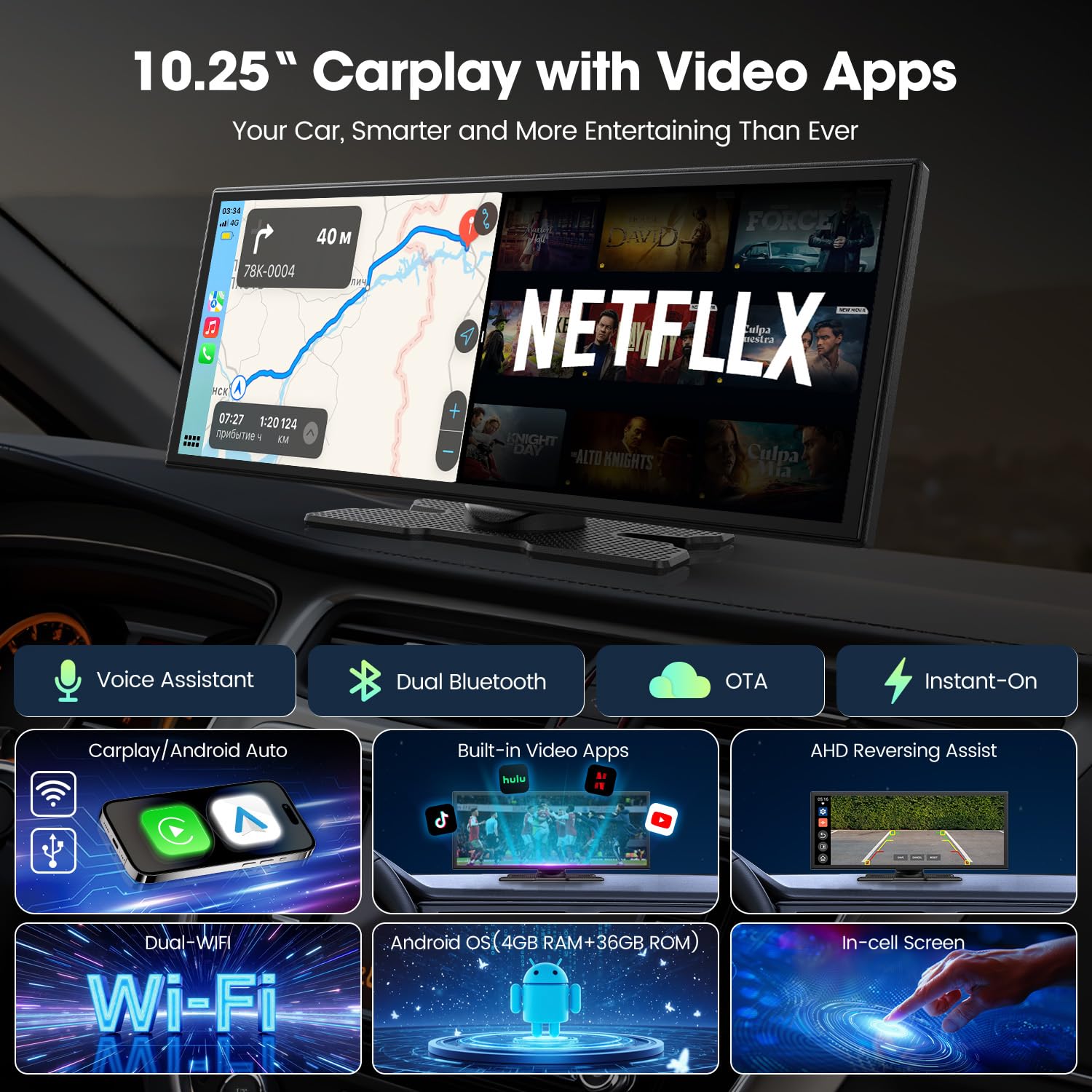 LAMTTO Écran CarPlay Voiture 10.25 Pouces, Autoradio Portable sans Fil avec Youtube Netflix TikTok, Apple CarPlay & Android Auto, Caméra de Recul, Bluetooth Double, Navigation GPS, OTA, FM/AUX