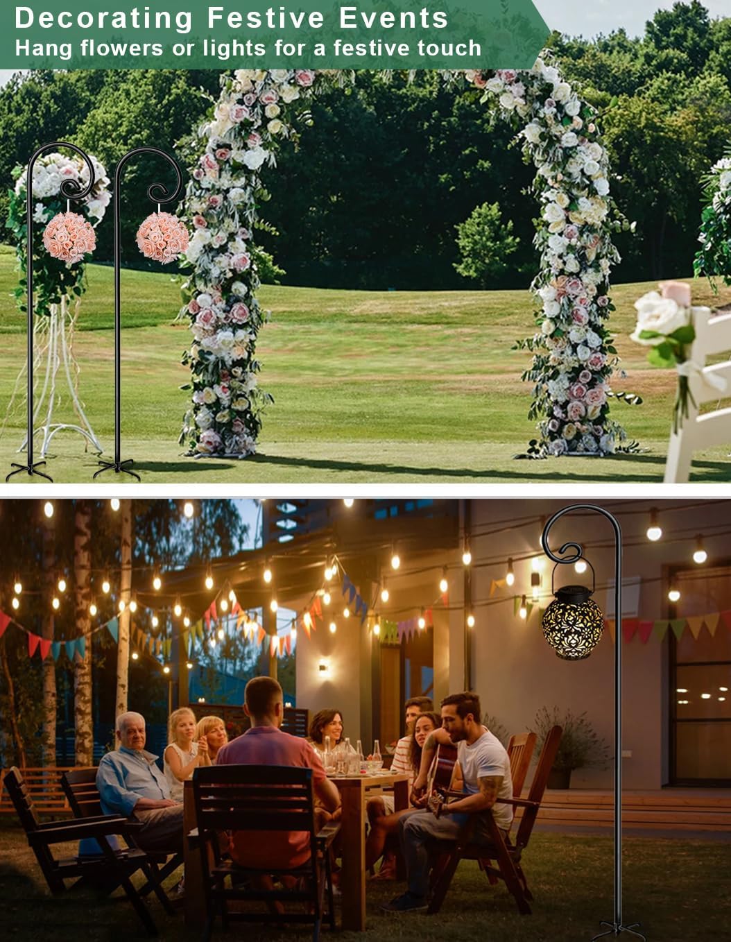 Koutemie 92 Inch Outdoor Shepherd Hook for Hanging Plant, Adjustable Heavy Duty Bird Feeder Pole with 5 Prong Base for Solar Lanterns, Black & 2 Packs