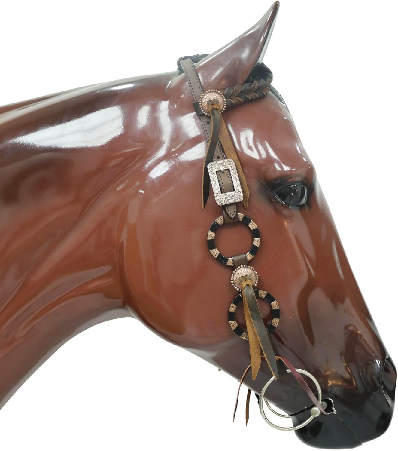 Western Ring Headstall and Breast Collar Handmade Tack Set for Horses, Two-Tone Brown with Engraved Antique Nickel Rings, Raw Leather Fringe, Braided Browband, Argentina Leather