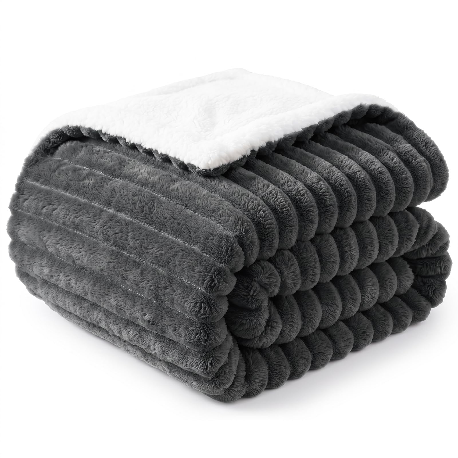 WAVVE Plaid Polaire Couverture 150x200 cm Gris | Double‑Face Flanelle Côtelée et Sherpa, Épais, Douce et Chaude, Moelleux pour Canapé et Lit