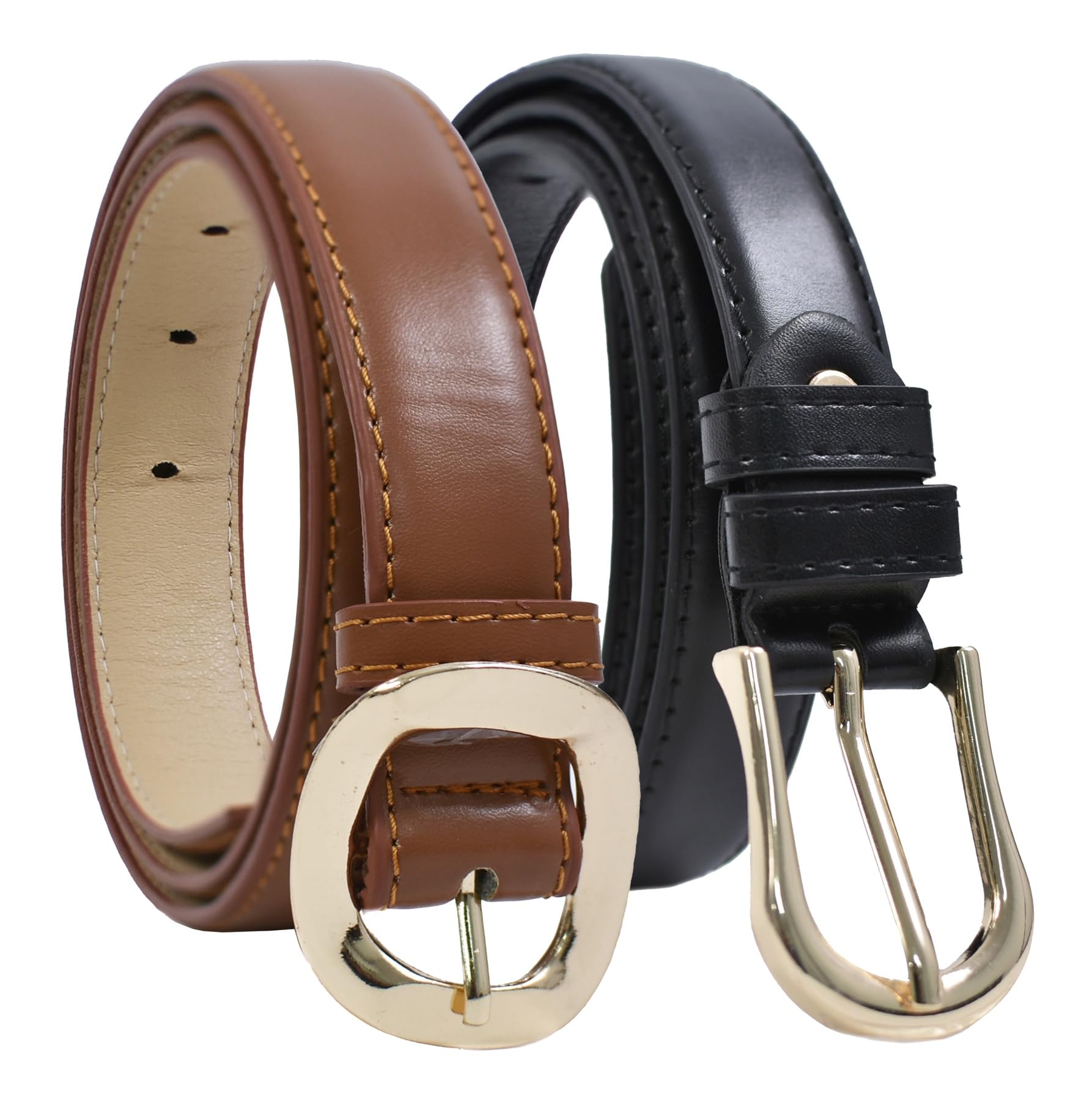 Fashion Leather Belts For Women And Girls | Gold Buckle | Combo Pack of 2 | Stylish Waist Belt For Dresses Jeans