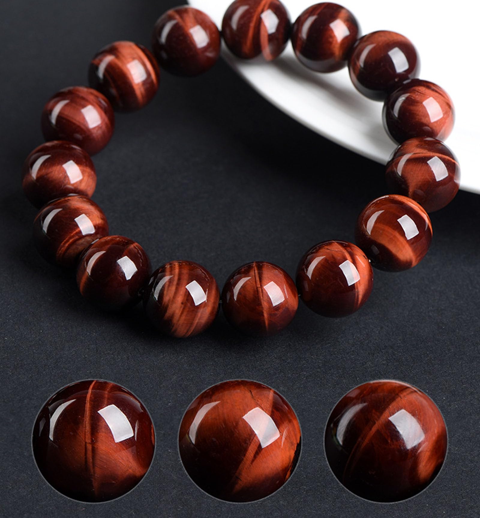 Bracciale Occhio di Tigre Uomo Donna, Braccialetto Coraggio e determinazione e Braccialetto con Tripla Protezione con Perline Rosse Bracciali con Pietra Chakra,8mm