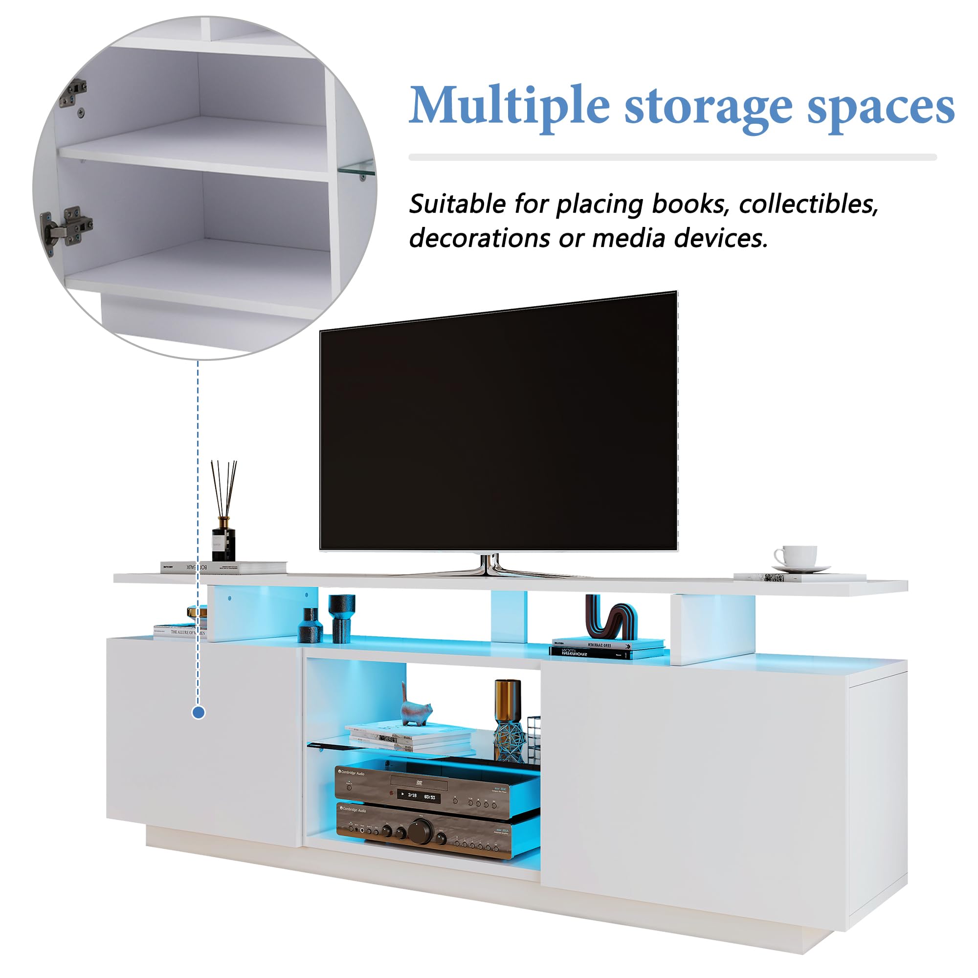 Mueble para TV con Puertas Brillo Y Luces LED Controladas por App Mesa De TV Funcional con Compartimentos Abiertos Y Almacenaje para Salon Moderno