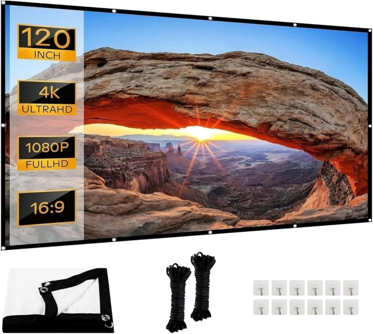 Leinwand Beamer 120 Zoll: Ruschen verdickt und tragbare Beamer Leinwand 265 x 149 cm, 16:9 HD faltbar & knitterarme Projektionsleinwand für Heimkino, Garten, Camping, Büro, inkl. Haken & Seile