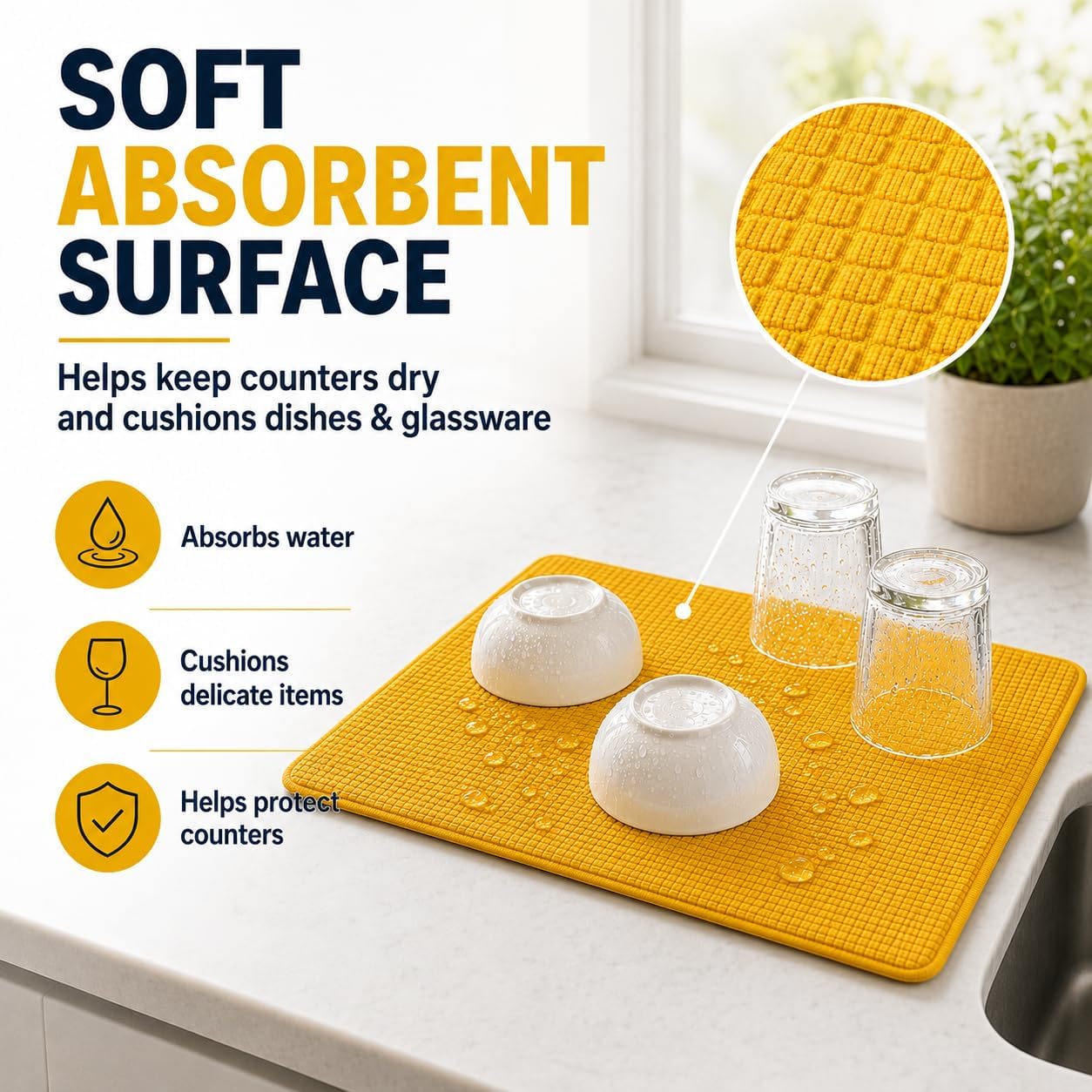 Dish Drying Mat 2 Pack 20 X 15 Inch Kitchen Counter Mats Reversible Baby Bottles Dish Dry Pad Super Absorbent (Yellow)