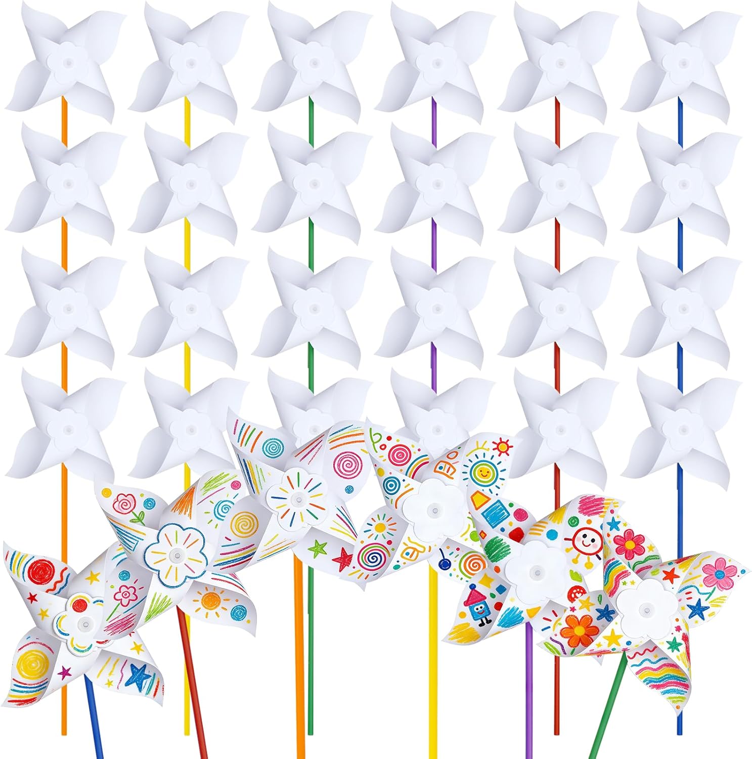 Yolyoo 100 Pack DIY Pinwheels Paper Crafts,Bulk Blank Color Your Own Paper Pinwheels for Patriotic Memorial Day Spring Summer Activity Party Favor Supplies