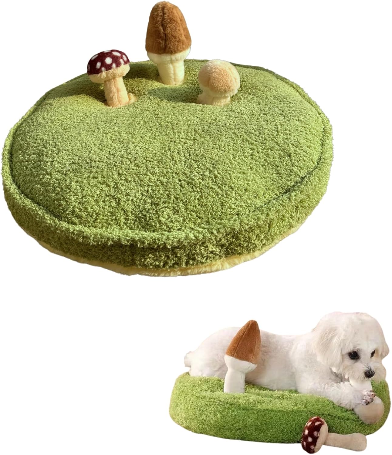 CECE PAW Mushroom Mat Pet Toy & Bed | Dog Snuffle Mat with 3 Crinkle Mushrooms for Treat Hiding | Soft Cushion for Cats, Small Dogs, & Owners | Washable Interactive Play & Cozy Rest