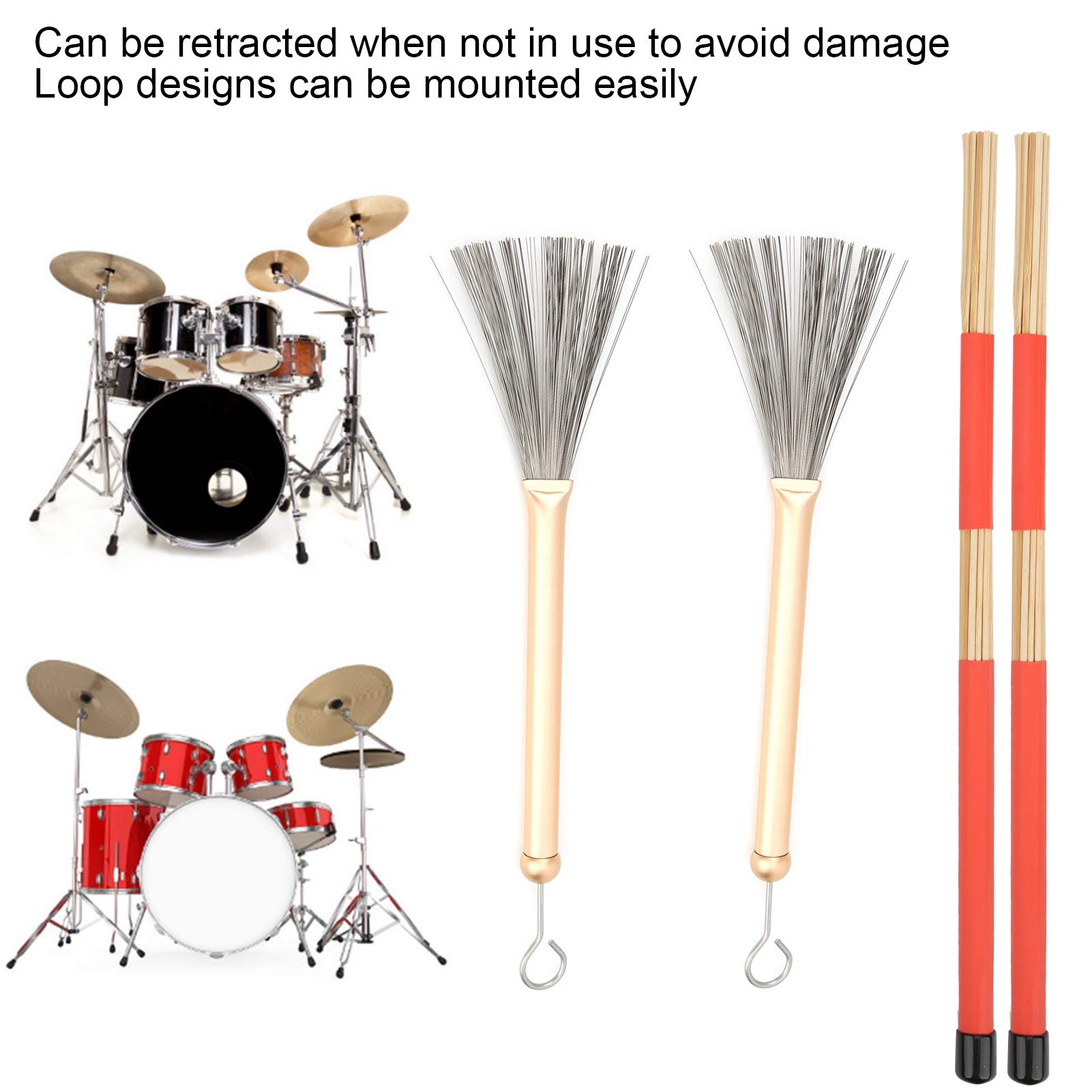 Drum Stick Brush Set, Jazz Retractable Metal Wire 19 Beam Rod Plush Bag Percussion Accessories (golden drum brush)