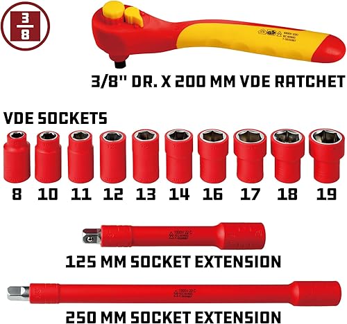 Miniatura 2 de Powerbuilt Juego de herramientas VDE de 13 piezas, trinquete aislado, enchufes, extensiones, vehículos eléctricos e híbridos de alto voltaje,