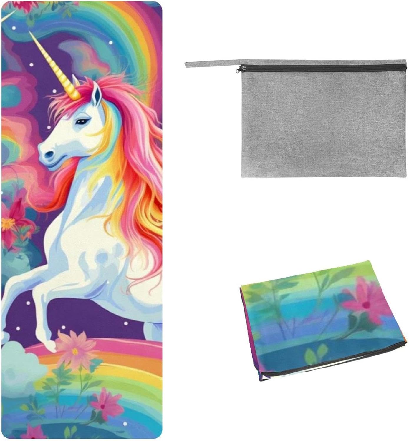 Yoga Towel, Rainbow Unicorn Pattern Non Slip Sweat Absorbent Hot Yoga Mat Towel for Hot Yoga, Pilates and Fitness - 72.8" x 26.8"