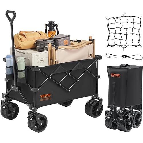 VEVOR 350LBS Collapsible Wagon Cart Heavy Duty Foldable 113L, Folding Beach Utility Wagon with Big Wheels, Portable Grocery Cart for Groceries Camping Sports Garden