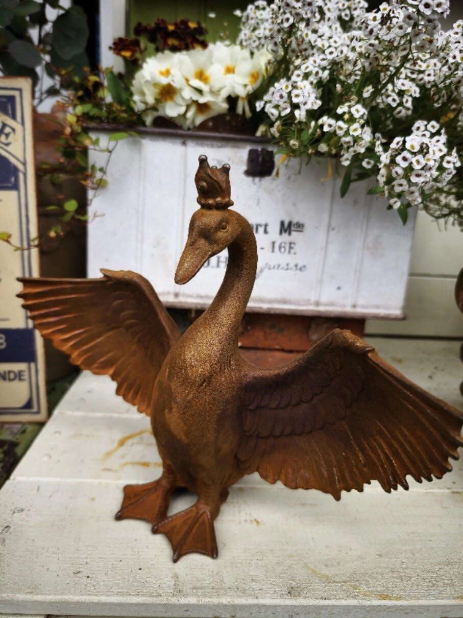 Rustykalna żeliwna gęś z koroną, rustykalna figurka zwierzęca, styl vintage, dekoracyjna statuetka do ogrodu i domu, na taras, trawnik i grządkę kwiatową