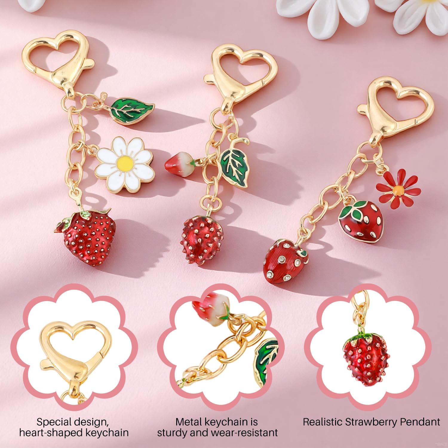 5Pcs Cute Strawberry Keychain Bag Charms Purse Chain Kawaii Heart Daisy Keychains Backpack Key Chain for Women Girls - Image 4