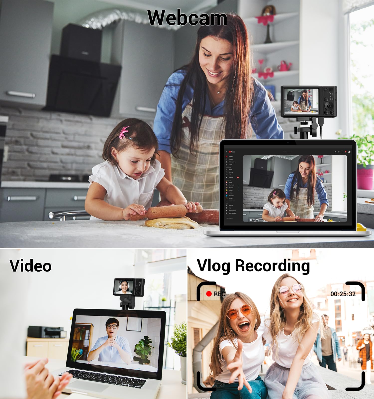 Cámara digital, cámara FHD 4K para niños de 44 MP con tarjeta SD de 64 GB, 2 baterías, enfoque automático, zoom digital de 16X, compacta, portátil, apunta y dispara, cámaras digitales pequeñas vintage