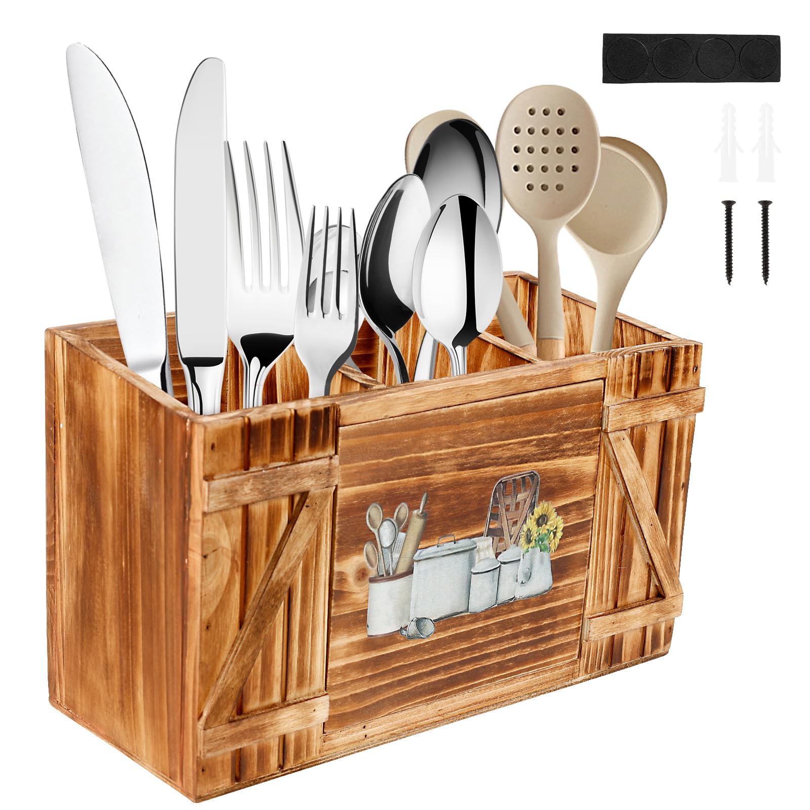 NIHUIFDPY Kitchen Utensils Holder, Kitchen Cooking Utensil Organizer with 3 Compartment and Drainage Bottom, Farmhouse Utensil Caddy, Large Capacity Flatware Organizer for Countertop Decor(Wood)