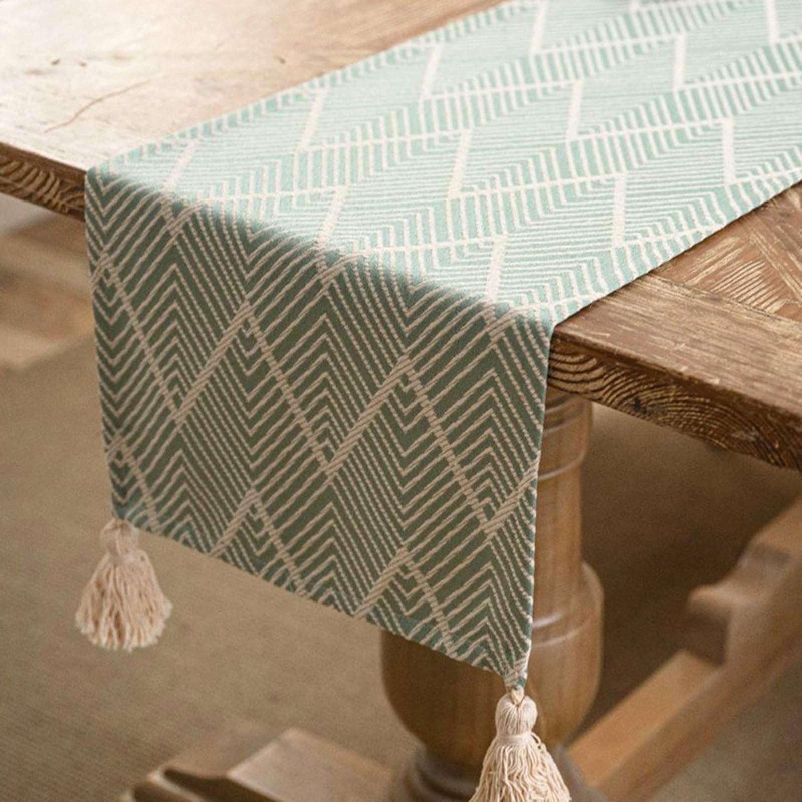 Tischläufer Hochzeit Polyester, Tischläufer Modern 33x270 cm, Grüner Leinenoptik mit Wellen-Jacquard