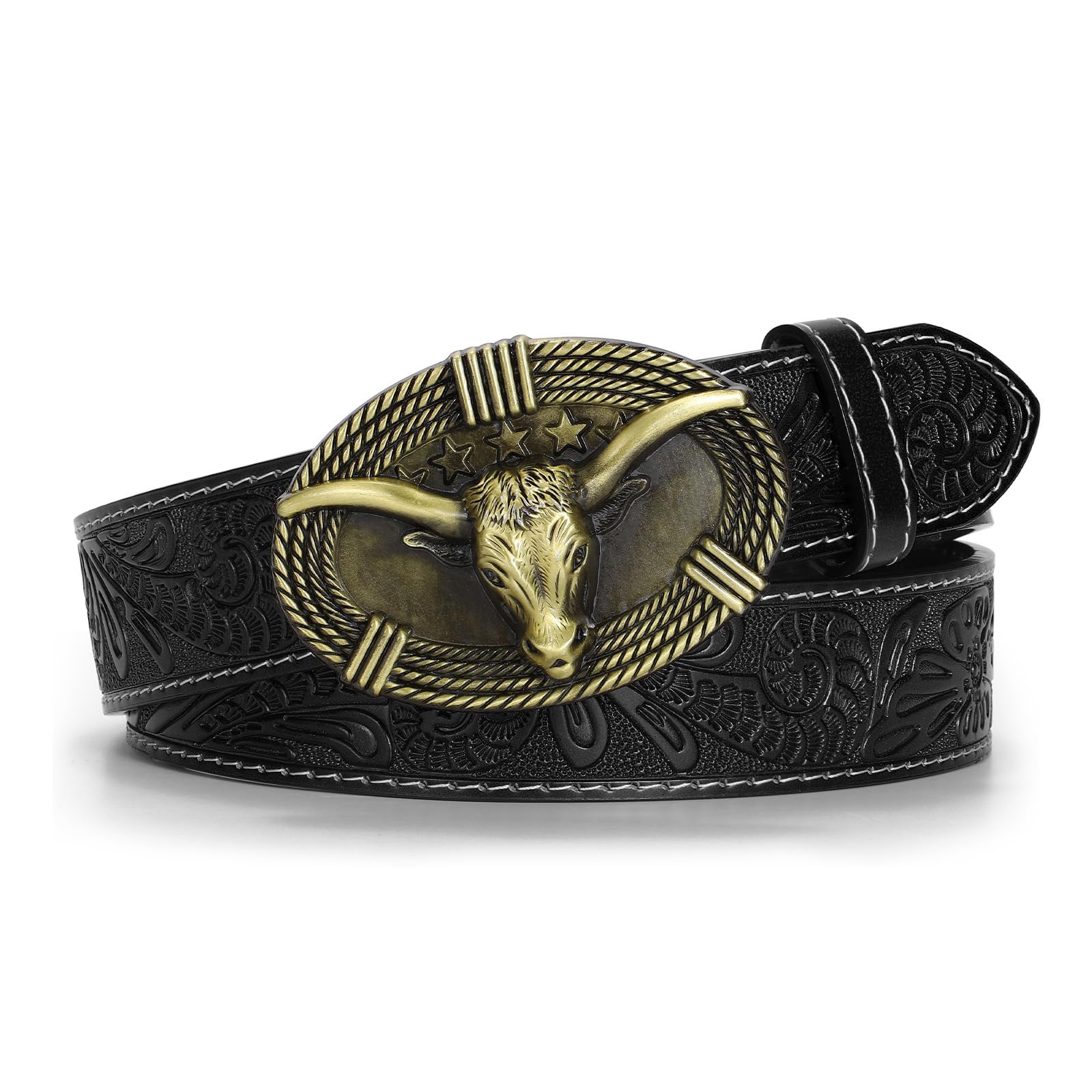 LALATCH Western Belts for Woman Men, Cowboy Cowgirl Belt Embossed Western Country Bull Buckle Leather Belts for Jeans, Bronze Bull Buckle/Black