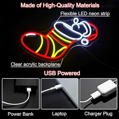 Miniatura 3 de Letrero LED de neón de calcetines de Navidad, letreros de neón de Navidad para decoración de pared, letrero de luz de neón de Navidad con USB