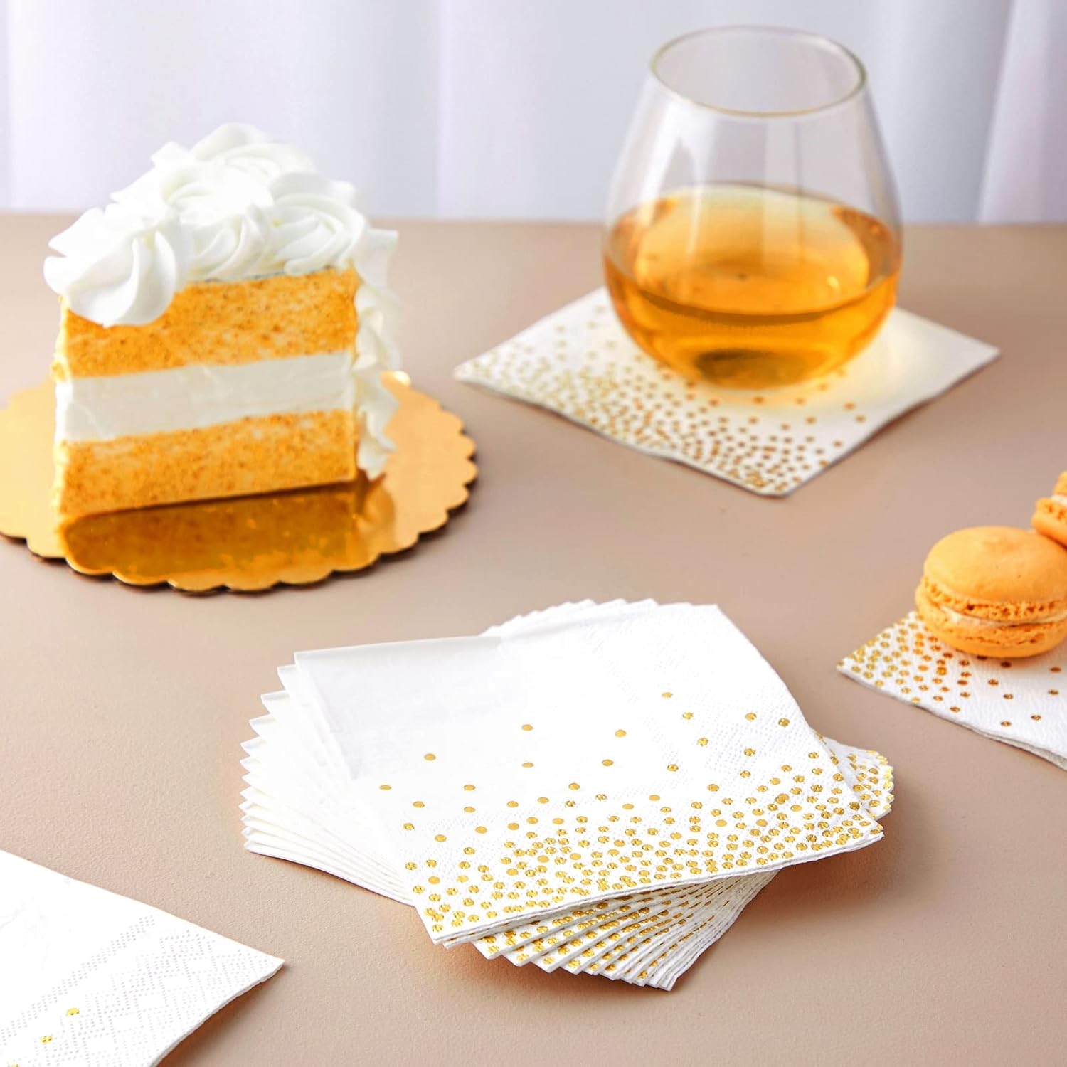 100 Pack Disposable White and Gold Paper Cocktail Napkins for Wedding Reception, Polka Dot Party Supplies (5 x 5 In) : Health & Household