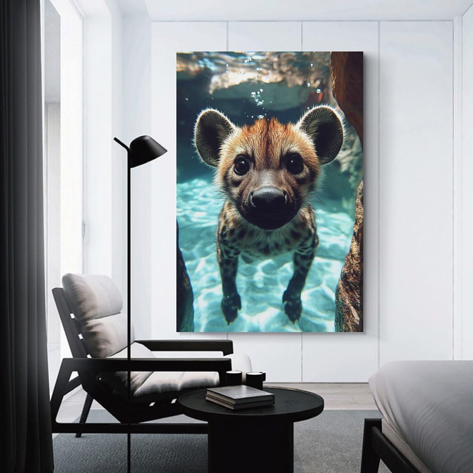 Junmoney Underwater Hyena Cub Portrait Canvas Art Print, 24x36inch(60x90cm), for Office Decor, Home Working Or Creative Rooms, A Smart Decor Choice for Study Walls